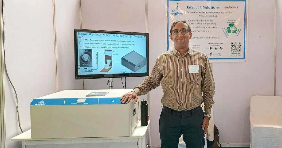 Jalsevak solutions founder showcasing smart greywater recycling solution at an expo