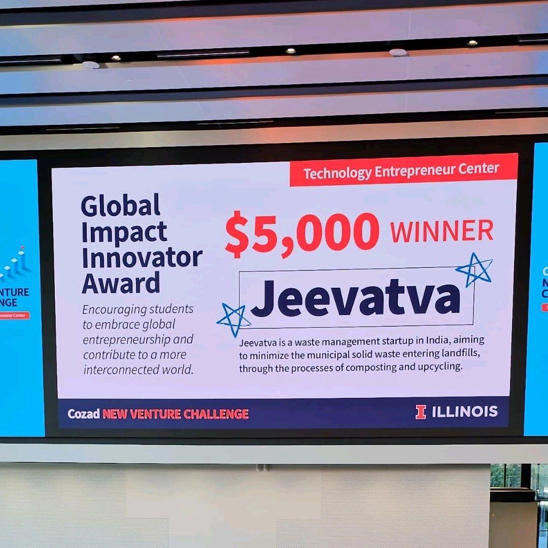 Jeevatva winning Global Impact Innovator Award and $5000 cash prize at New Venture Challenge Illinois, organized by Technology Entrepreneur Center.