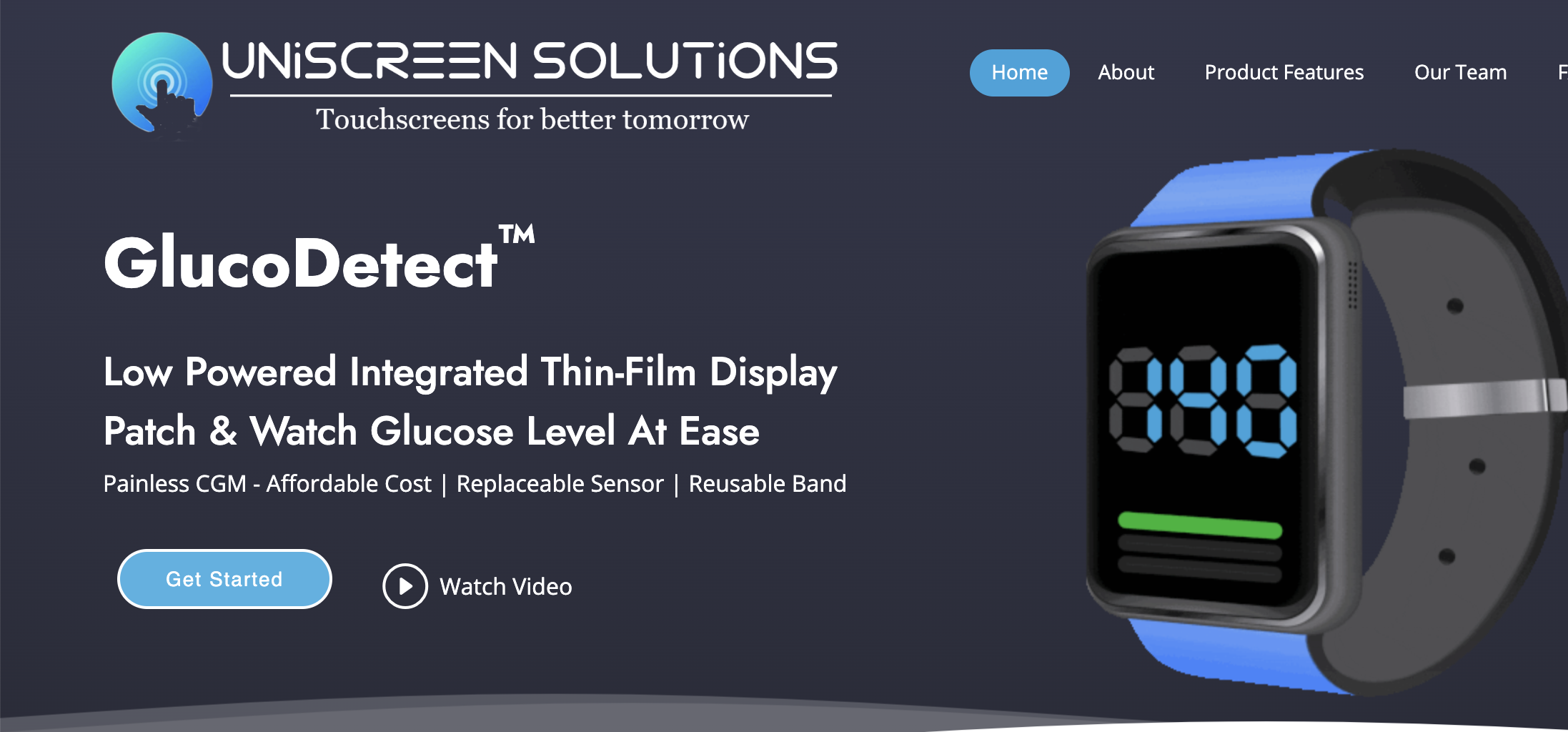 Uniscreen website displaying GlucoDetect for easy glucose level monitoring via watch